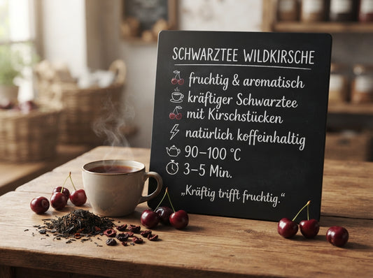 Kreidetafel mit Informationen zu Schwarztee Wildkirsche, fruchtigem Aroma, Kirschstücken, Koffein, Wassertemperatur und Ziehzeit.