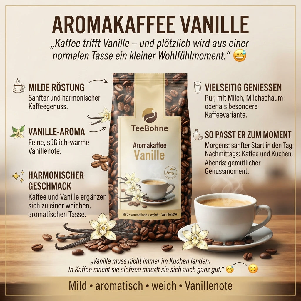 TeeBohne-Produktinfografik für den Aromakaffee Vanille. Zeigt eine Kaffeepackung mit Bohnen, Vanilleschoten und Tasse auf Holz, flankiert von Details zu milder Röstung, Vanille-Aroma und Genussempfehlungen