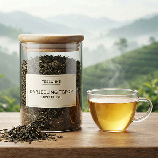 Hochwertiges Produktfoto für TeeBohne: Eine transparente Glasdose mit Holzdeckel, gefüllt mit losem Darjeeling TGFOP First Flush, steht auf einem Holztisch. Das Etikett zeigt deutlich "TEEBOHNE DARJEELING TGFOP FIRST FLUSH". Neben der Dose liegt eine kleine Menge loser Teeblätter, und eine dampfende, transparente Tasse mit hellgoldenem Darjeeling-Aufguss ist daneben platziert. Der Hintergrund zeigt atmosphärische, neblige grüne Teehänge des Himalayas, die die Herkunft andeuten. Die Szene ist fotorealistisch