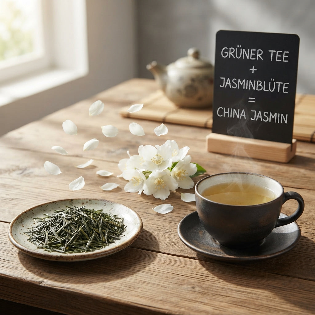 Produktbild von TeeBohne Einbeck: Eine elegante Komposition aus losem grünen Sencha-Tee, frischen weißen Jasminblüten und einer frisch aufgebrühten Tasse Jasmintee auf einer Holzoberfläche, ergänzt durch eine Kreidetafel, die die Kombination der Zutaten erklärt.
