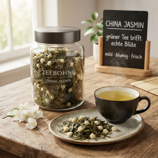 Produktfoto von TeeBohne Einbeck: Ein transparentes Teeglas gefüllt mit grünem China-Jasmin-Tee und echten weißen Jasminblüten, begleitet von einer Schale mit losem Tee, frisch aufgebrühtem Jasmintee und einer handbeschriebenen Kreidetafel auf einem Holztisch.