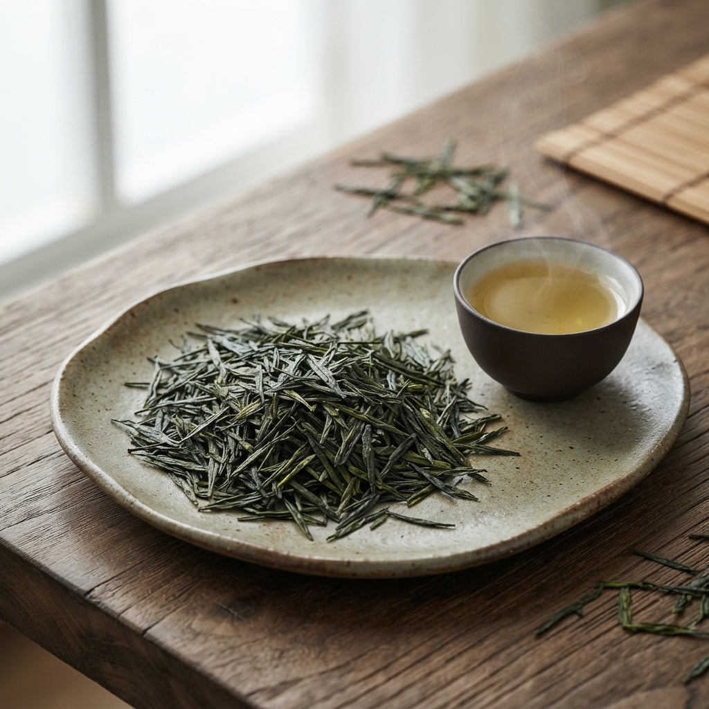 Hochwertiges Produktfoto von TeeBohne Einbeck: Trockene, nadelartige China Sencha-Grünteeblätter auf einer natürlichen Keramikschale, daneben eine kleine Schale mit frisch aufgebrühtem, hellgoldenem Grüntee auf einem Holztisch, in ruhiger, natürlicher Ästhetik.