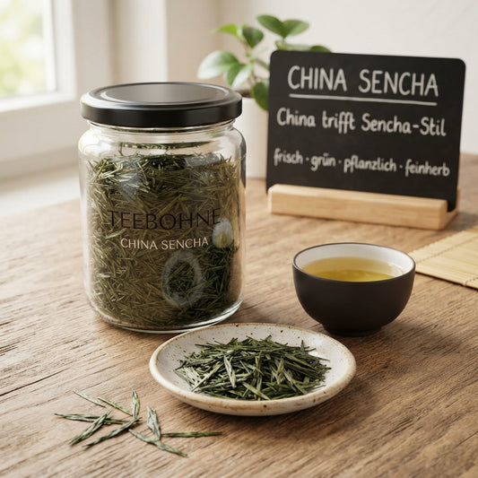 Produktfoto von TeeBohne Einbeck: Ein Teeglas gefüllt mit trockenem, nadelartigem China Sencha, daneben eine kleine Keramikschale mit aufgebrühtem Grüntee und eine handbeschriebene Kreidetafel auf einem Holztisch, in einer authentischen Tee-Fachgeschäft-Atmosphäre.