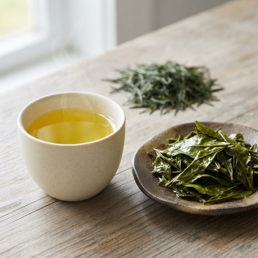 Produktfoto von TeeBohne Einbeck: Eine elegante Keramikschale mit goldgelbem China Sencha-Aufguss, daneben aufgequollene Teeblätter auf einem kleinen Teller und im Hintergrund trockene, nadelartige Teeblätter auf einem Holztisch, als Darstellung der verschiedenen Zustände des Tees.