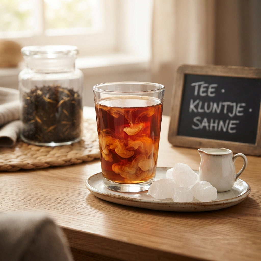 TeeBohne Einbeck: Ein traditionelles Teeglas mit kräftigem Ostfriesentee zeigt die typischen, feinen Sahnewölkchen im Aufguss. Auf einem kleinen Teller daneben liegen weiße Kluntje-Kandisstücke und ein kleines Sahnekännchen. Im Hintergrund runden eine Teedose mit Assam-Schwarztee und eine Kreidetafel mit der Aufschrift "TEE · KLUNTJE · SAHNE" das gemütliche Arrangement ab