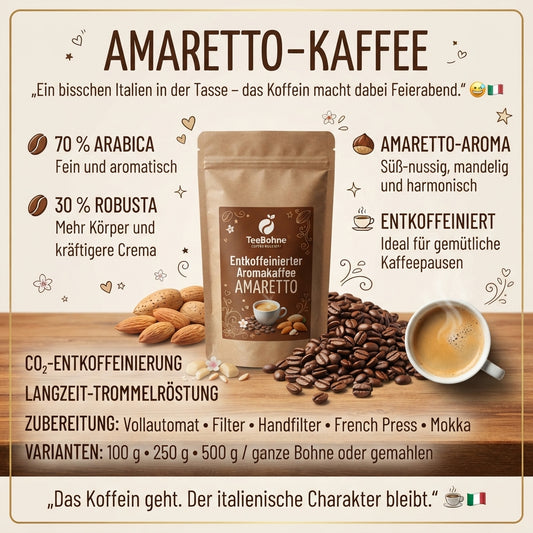 TeeBohne Einbeck für den entkoffeinierten Amaretto-Aromakaffee mit Mandel-Note im modernen Editorial-Stil