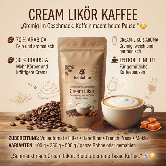 Infografik TeeBohne Einbeck entkoffeinierten Cream Likör Aromakaffee. Kaffeepackung auf einer Holzoberfläche, umgeben von frischen Kaffeebohnen, einer Tasse Kaffee mit Milchschaum und Illustrationen von Sahne und Vanille. Die Infografik enthält Informationen zu den Bohnenmischungen, der Zubereitung Packungsgrößen