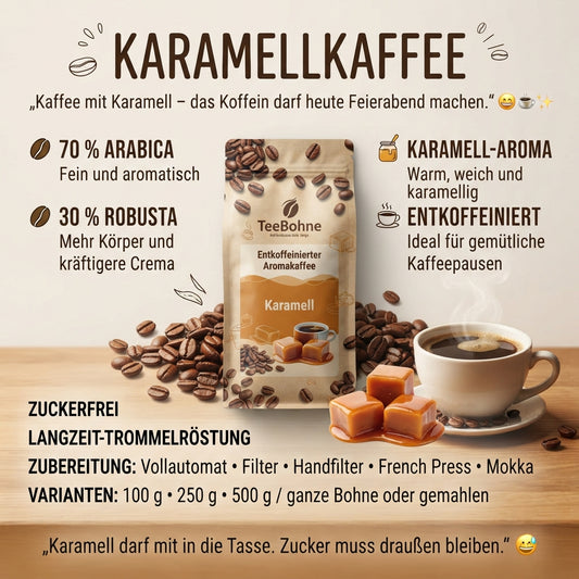 Infografik TeeBohne Einbeck für den zuckerfreien, entkoffeinierten Karamell-Aromakaffee