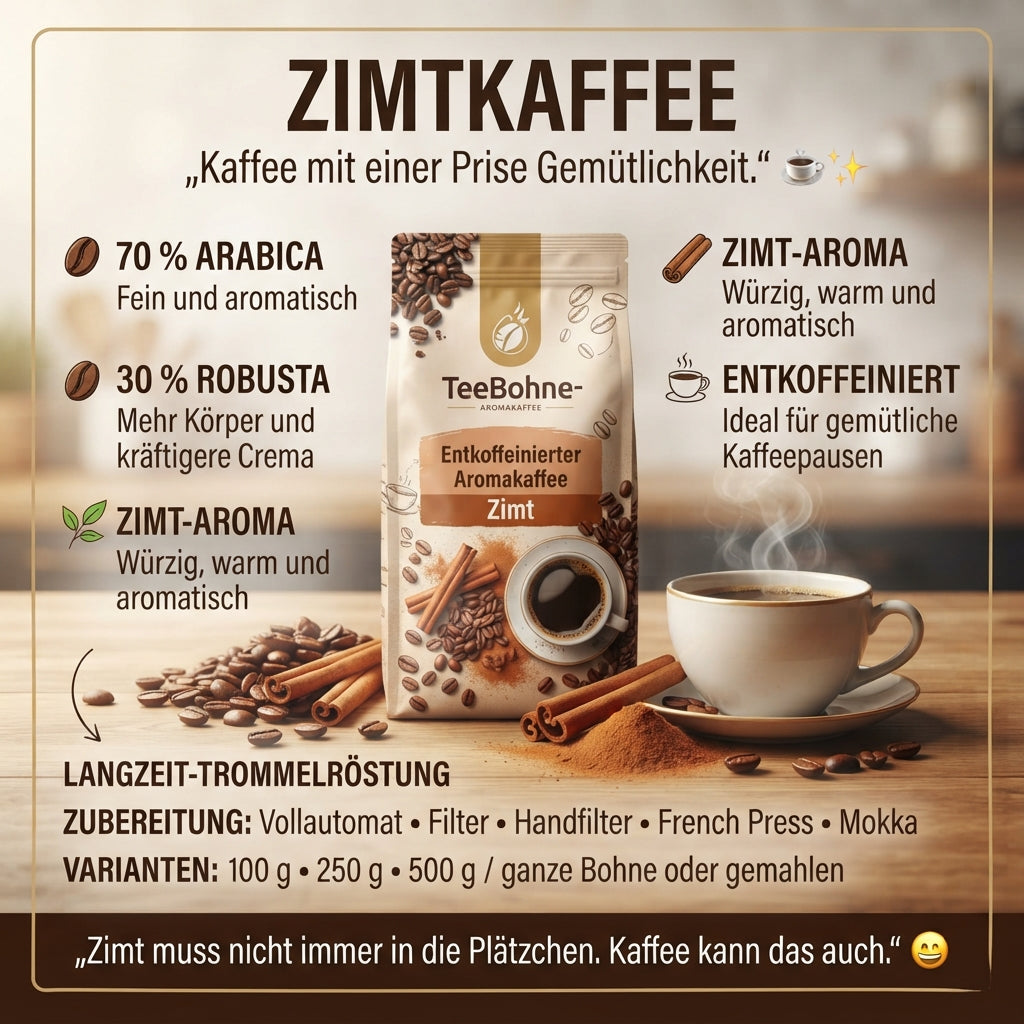 Infografik TeeBohne Einbeck für den entkoffeinierten Zimt-Aromakaffee. Im Zentrum steht eine Kaffeepackung auf einer Holzoberfläche, umgeben von frischen Kaffeebohnen, Zimtstangen, gemahlenem Zimt und einer dampfenden Tasse Kaffee in einer warmen, gemütlichen Atmosphäre mit den Texten und Infos zur Zubereitung