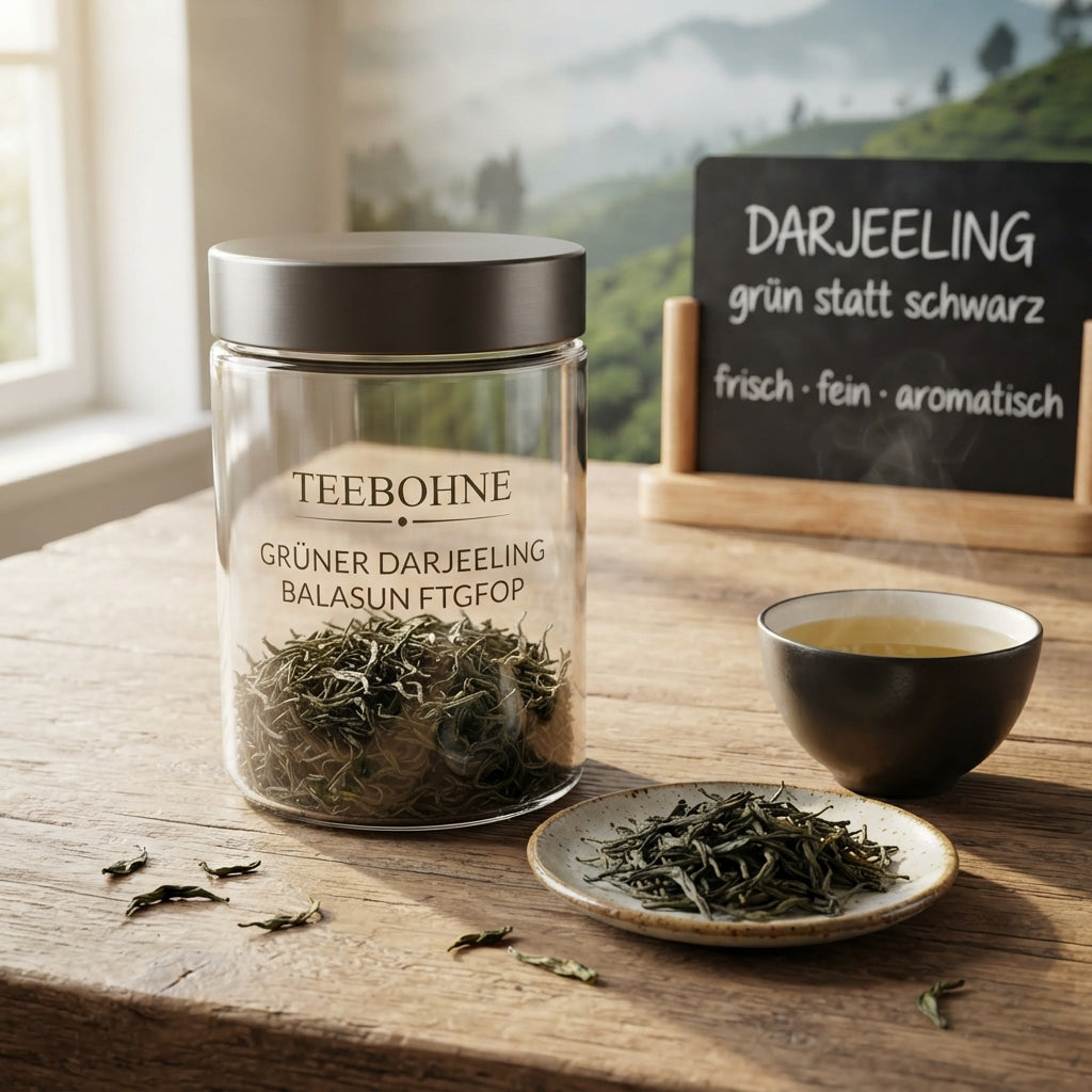 Premium-Produktfoto von TeeBohne Einbeck: Ein transparentes Teeglas mit der Aufschrift "Grüner Darjeeling Balasun FTGFOP" auf einem Holztisch, begleitet von einer Schale mit losem grünem Tee, einer frisch aufgebrühten Tasse und einer Kreidetafel, vor einer dezenten Kulisse von Darjeeling-Teeplantagen.