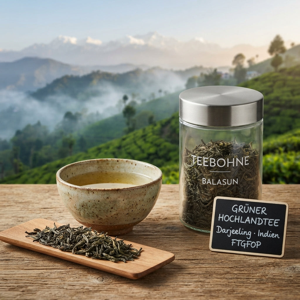 Premium-Produktfoto von TeeBohne Einbeck: Eine hochwertige Keramikschale mit aufgebrühtem grünem Balasun-Tee und ein Teeglas mit losen Blättern auf einem Holztisch, vor der beeindruckenden Kulisse der nebligen Darjeeling-Teeplantagen und der fernen Himalaya-Berge.