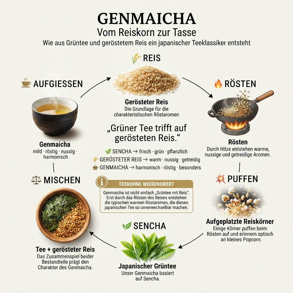 Infografik von TeeBohne Einbeck über den Herstellungsprozess von Genmaicha: Ein visueller Kreislauf, der die Schritte von Reis, Rösten und Puffen bis hin zu Sencha-Grüntee, Mischen und Aufgießen zeigt, ergänzt durch Informationen zu den Geschmacksprofilen und dem Wissenswerten zur Röstung.