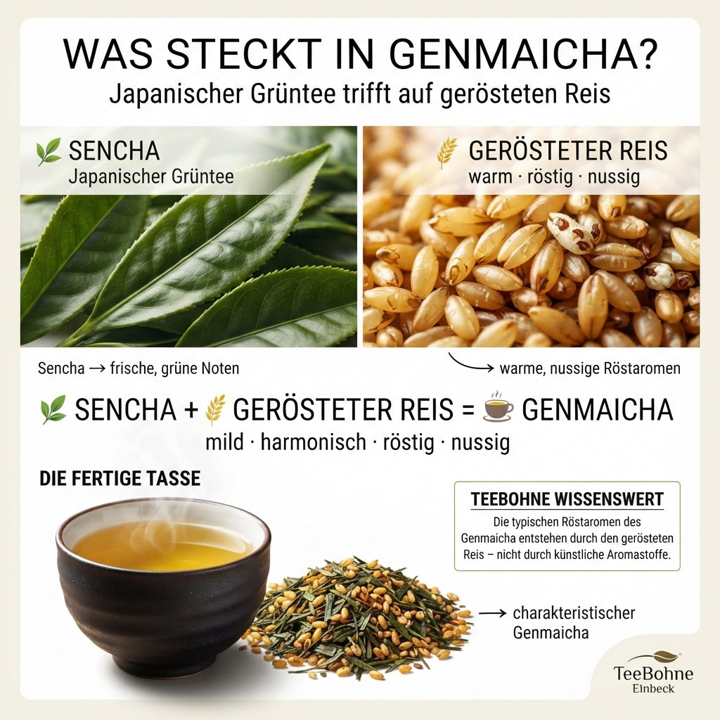 Makro-Infografik von TeeBohne Einbeck zur Zusammensetzung von Genmaicha: Detaillierte Darstellung von Sencha-Grünteeblättern und geröstetem Reis, die zusammen den harmonischen, nussigen Genmaicha-Tee ergeben, inklusive Wissensbox zu den natürlichen Röstaromen.