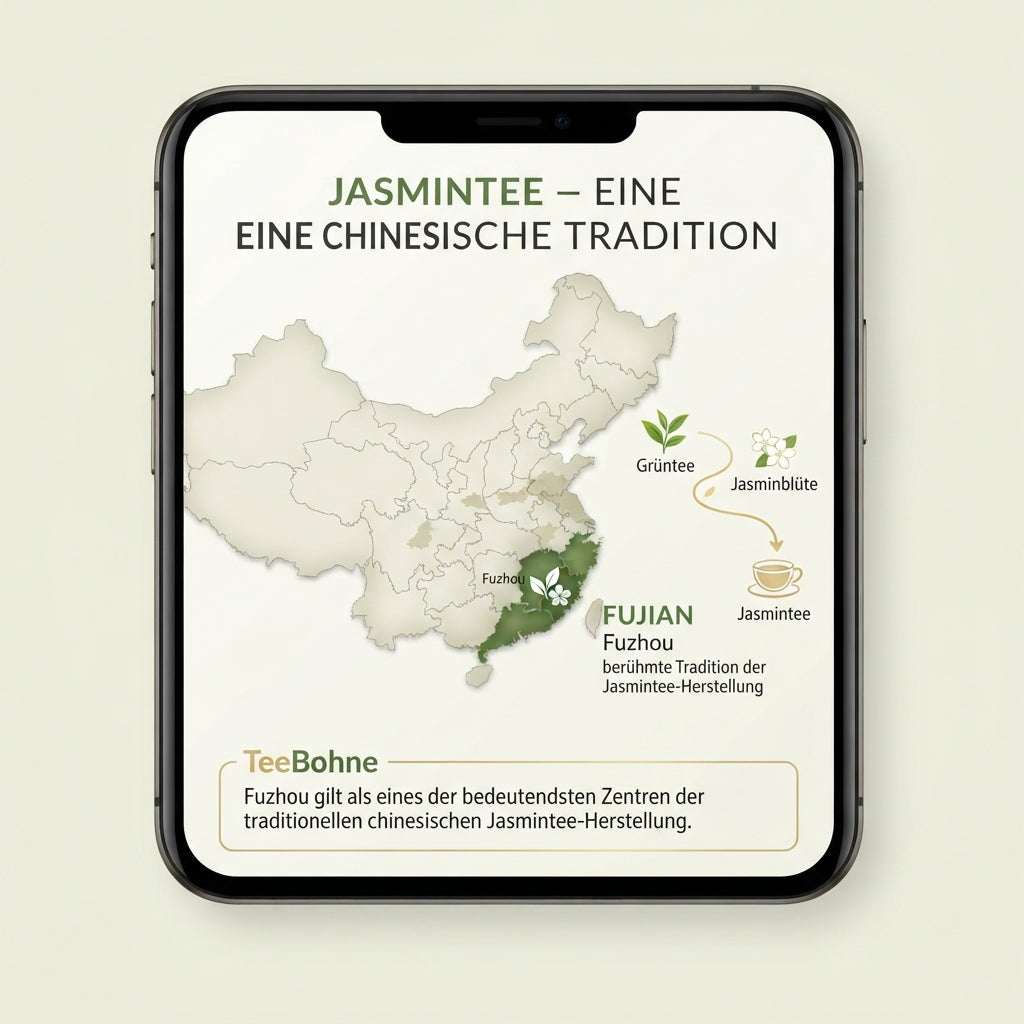 Infografik-Karte von TeeBohne Einbeck zur Tradition des chinesischen Jasmintees: Die Provinz Fujian mit der Region Fuzhou ist als historisches Zentrum der Jasmintee-Herstellung hervorgehoben. Eine kleine Grafik illustriert zudem die Kombination von grünem Tee und Jasminblüten.