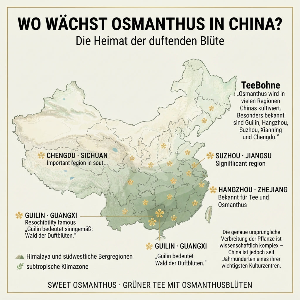 Geografische Wissensinfografik von TeeBohne Einbeck zur Herkunft von Osmanthus in China: Eine stilvolle Karte markiert bedeutende Anbauregionen wie Guilin, Hangzhou, Suzhou, Xianning und Chengdu und veranschaulicht die subtropische Verbreitungszone der duftenden Blüte, ergänzt durch informative Texte zur kulturellen Bedeutung von Osmanthus.