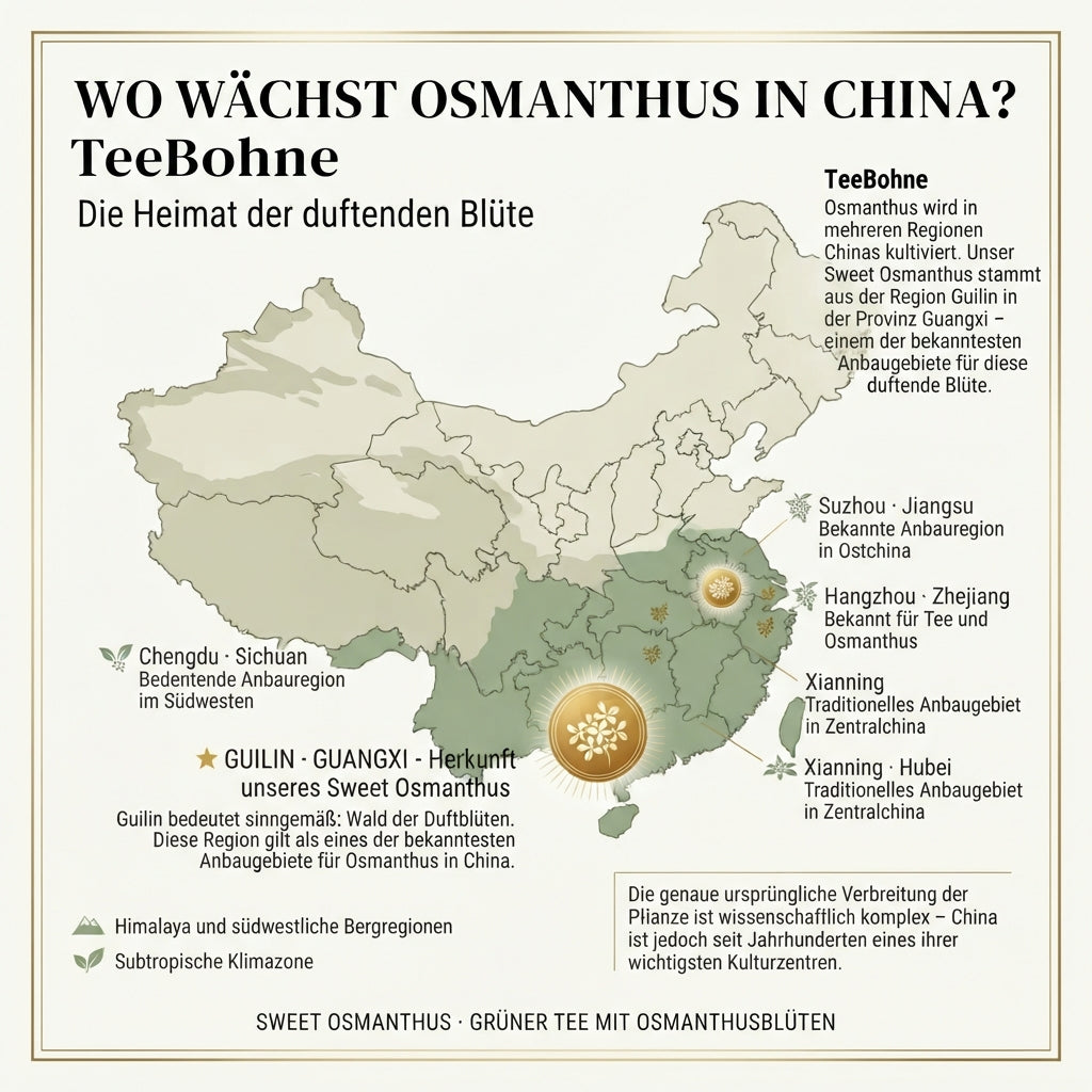 Wissensinfografik von TeeBohne Einbeck zur Herkunft von Osmanthus in China: Eine Karte markiert Guilin in der Provinz Guangxi als Herkunftsregion des Sweet-Osmanthus-Tees, ergänzt durch weitere bekannte Anbaugebiete wie Hangzhou, Suzhou, Chengdu und Xianning sowie Hintergrundinformationen zur subtropischen Verbreitung der duftenden Blüte.