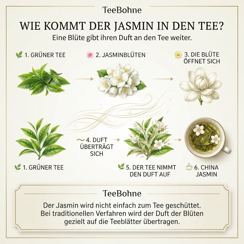 Wissensinfografik von TeeBohne Einbeck zur traditionellen Herstellung von China Jasmin: Darstellung des Prozesses, bei dem das Aroma frischer Jasminblüten durch einen natürlichen Prozess gezielt auf grüne Teeblätter übertragen wird.