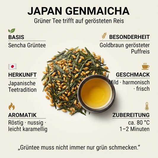 Produkt-Infografik von TeeBohne Einbeck für Japan Genmaicha: Eine Übersicht mit Darstellung der Teemischung aus Sencha-Grüntee und geröstetem Reis, japanischer Teeschale, sowie Informationen zu Herkunft, Geschmack, Aromatik und Zubereitung, abgerundet durch den Satz „Grüntee muss nicht immer nur grün schmecken.“