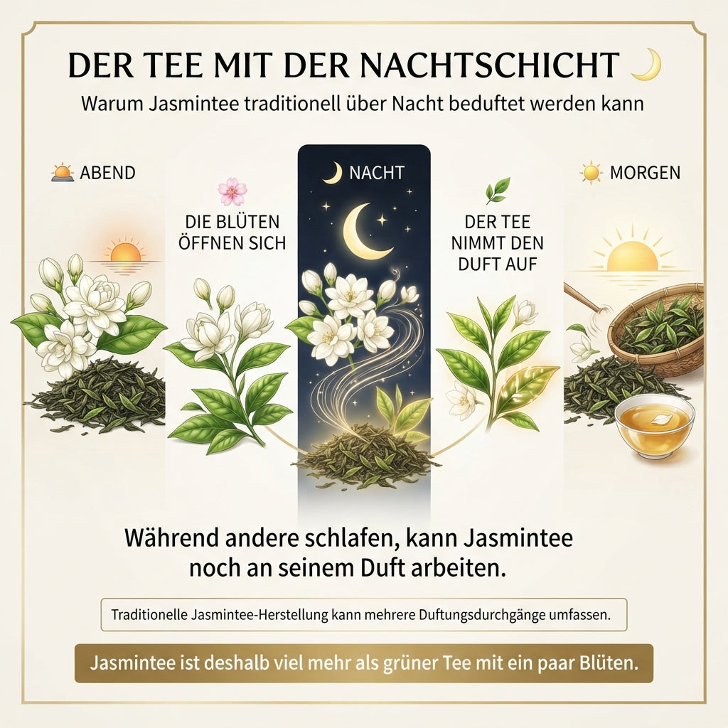 `Wissensinfografik von TeeBohne Einbeck zum traditionellen Beduftungsprozess von Jasmintee: Die Infografik zeigt den Ablauf von der Abenddämmerung über die nächtliche Duftübertragung der Jasminblüten auf die Teeblätter bis hin zur Verarbeitung am nächsten Morgen.