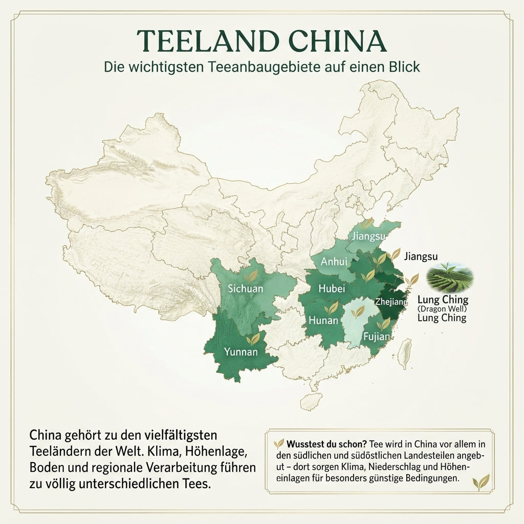`Infografik-Karte von TeeBohne Einbeck über Chinas Teeanbaugebiete: Eine professionelle Übersicht mit hervorgehobenen Regionen wie Zhejiang, Fujian und Yunnan, ergänzt durch Hintergrundinformationen zu den klimatischen Bedingungen und der Vielfalt des chinesischen Tees.