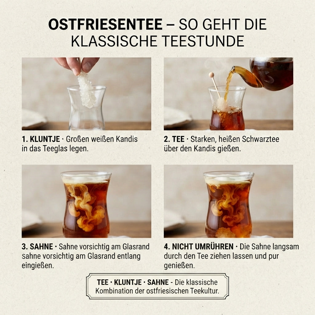 Aktualisierte Wissensinfografik von TeeBohne Einbeck zur Zubereitung einer klassischen ostfriesischen Teestunde: Die 4-Schritte-Anleitung zeigt nun im dritten Bild explizit das vorsichtige Eingießen der Sahne am Glasrand in den dunklen Ostfriesentee, wodurch das charakteristische Sahnewölkchen entsteht. Alle Schritte vom Kluntje-Kandis bis zum Hinweis "NICHT UMRÜHREN" sind klar bebildert und mit deutschem Text versehen.