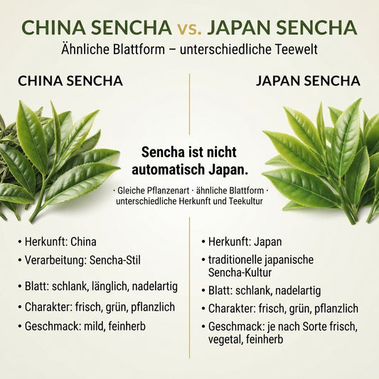 Infografik-Vergleich von TeeBohne Einbeck zwischen China Sencha und Japan Sencha: Gegenüberstellung von Herkunft, Verarbeitung, Blattstruktur und Geschmacksprofil, um die Unterschiede und Gemeinsamkeiten beider Grünteesorten auf einen Blick zu verdeutlichen.