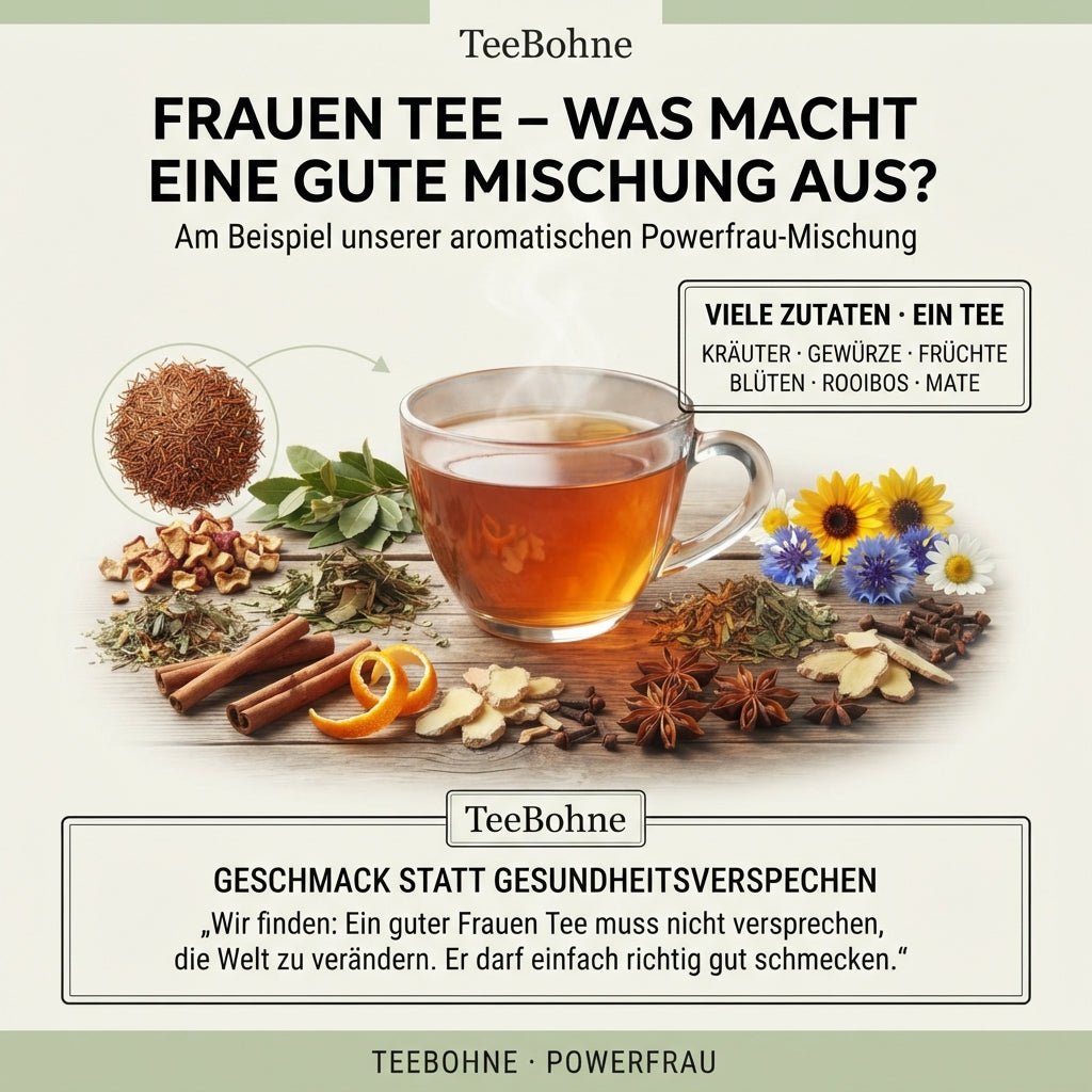 `Hochwertige Infografik von TeeBohne Einbeck: Eine elegante Tasse Kräutertee steht im Zentrum, umgeben von realistischen Zutaten wie Rooibos, Mate, Äpfeln, Gewürzen und Blüten. Die Grafik erläutert unter dem Titel "FRAUEN TEE – WAS MACHT EINE GUTE MISCHUNG AUS?" die Zusammensetzung am Beispiel der "Powerfrau"-Mischung und betont die Philosophie, dass bei Tee der Geschmack und nicht Gesundheitsversprechen im Vordergrund stehen sollten.