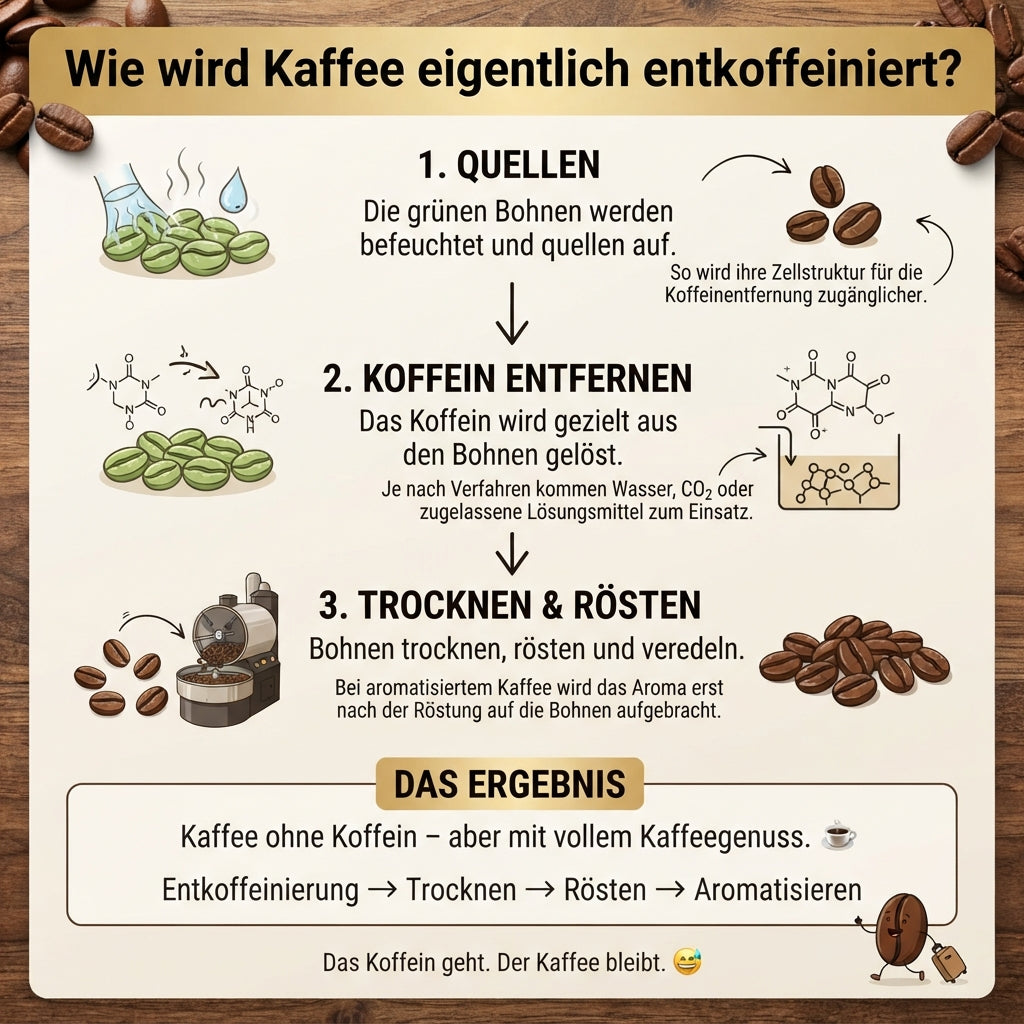 TeeBohne Einbeck. Die Grafik erklärt in drei anschaulichen Schritten (Quellen, Koffein entfernen, Trocknen & Rösten) den Prozess der Entkoffeinierung von Kaffeebohnen. Das Design ist in warmen Kaffee-, Beige- und Goldtönen gehalten, kombiniert fotorealistische Kaffeebohnen
