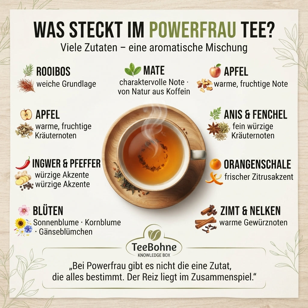 Wissensinfografik von TeeBohne Einbeck zur Zusammensetzung des "Power frau tee"-Tees: Eine Tasse Tee bildet das Zentrum, umgeben von übersichtlichen Abschnitten, die die verschiedenen Zutaten wie Rooibos, Mate, Äpfel, Gewürze und Blüten mit botanischen Illustrationen vorstellen, ergänzt durch einen Hinweis auf das harmonische Zusammenspiel der Mischung.