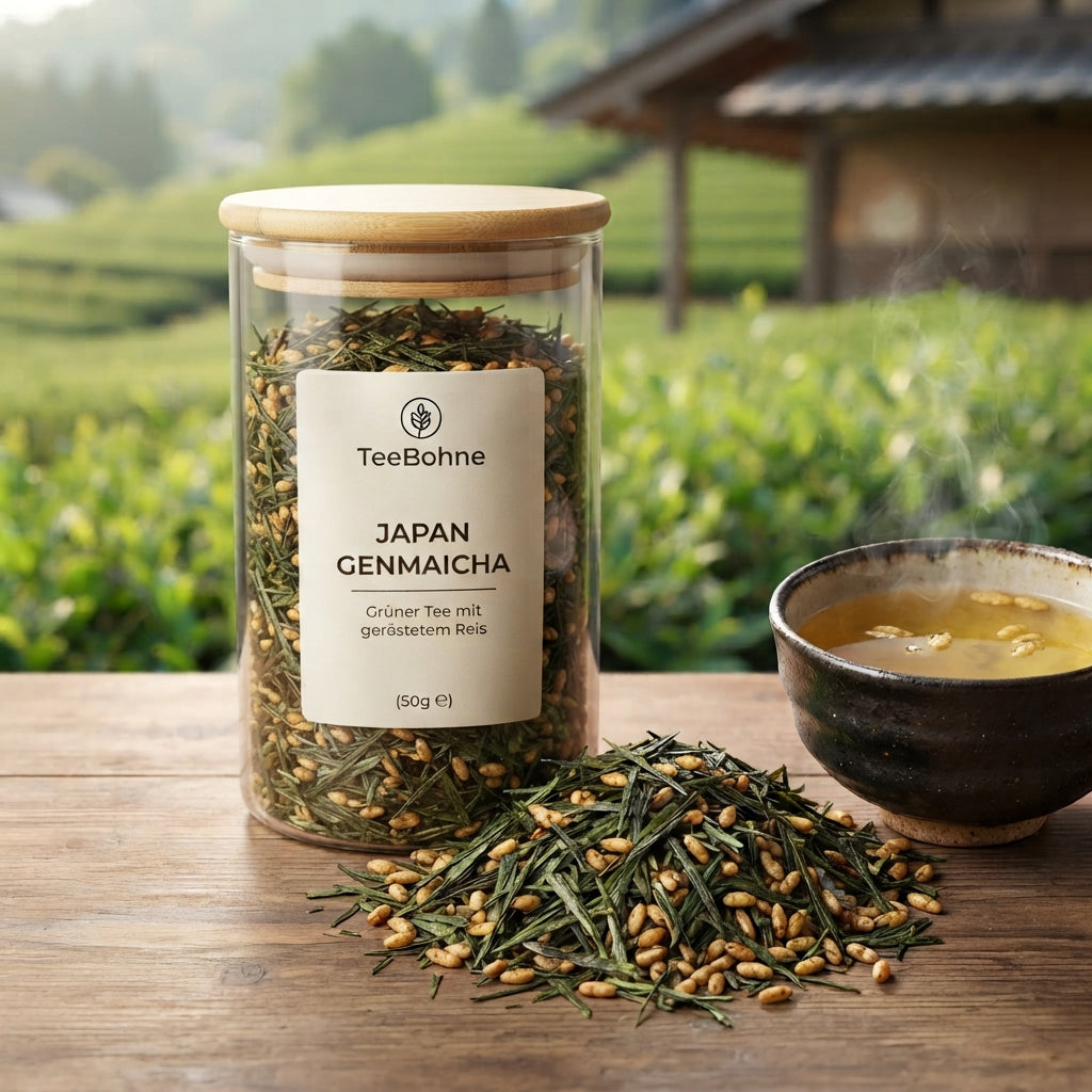 Hochwertiges Produktfoto von TeeBohne Einbeck: Ein elegantes Teeglas mit Bambusdeckel gefüllt mit Japan Genmaicha (grüner Sencha-Tee mit geröstetem Reis), davor eine kleine Teemischung und eine japanische Teeschale mit klarem, goldgelbem Aufguss vor einer natürlichen Teelandschaft.