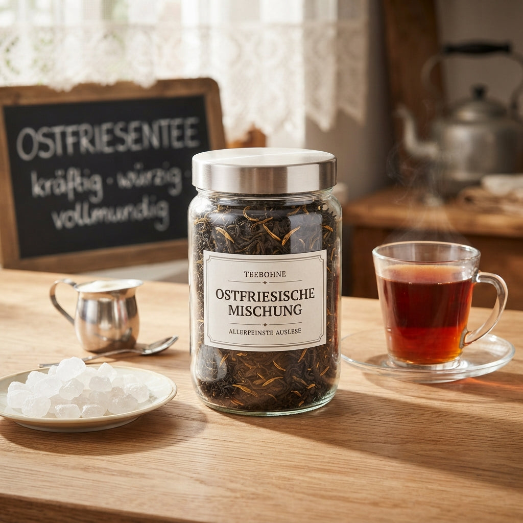 TeeBohne Einbeck: Ein transparentes Teeglas mit der Aufschrift "OSTFRIESISCHE MISCHUNG ALLERFEINSTE AUSLESE" präsentiert den losen Schwarztee mit goldfarbenen Blattspitzen. Daneben stehen ein Glas mit kräftigem Ostfriesentee, Kluntje-Kandis auf einem Porzellanteller und ein silbernes Sahnekännchen auf einer warmen Holzoberfläche. Eine kleine Kreidetafel im Hintergrund ergänzt das Arrangement mit den Begriffen "kräftig · würzig · vollmundig