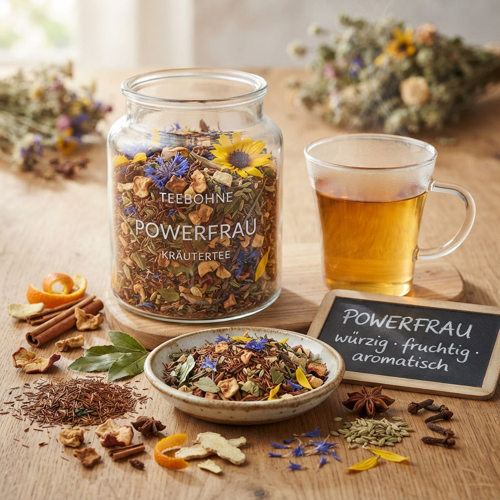Premium-Produktfoto von TeeBohne Einbeck: Ein transparentes Teeglas mit der Aufschrift "Powerfrau Kräutertee" steht auf einer Holzoberfläche, umgeben von losen Zutaten wie Rooibos, Mate, getrockneten Apfelstücken, Blüten und Gewürzen, einer Tasse frisch aufgebrühtem Tee und einer Kreidetafel mit dem Text "POWER FRAU TEE würzig · fruchtig · aromatisch".
