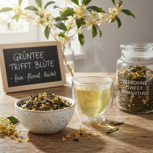 `Premium-Produktfoto von TeeBohne Einbeck: Eine elegante botanische Szene mit "Sweet Osmanthus"-Grüntee. Eine kleine Keramikschale mit Teeblättern und goldgelben Osmanthusblüten steht neben einer Tasse mit goldenem Teeaufguss. Im Hintergrund ein unscharfer Osmanthus-Zweig, ergänzt durch ein beschriftetes Teeglas und eine Kreidetafel mit dem Text "GRÜNTEE TRIFFT BLÜTE", inszeniert in sanftem Morgenlicht auf einer Holzoberfläche.