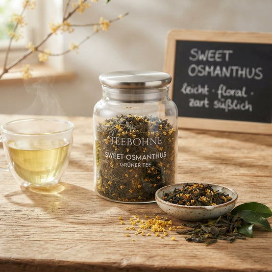 Premium-Produktfoto von TeeBohne Einbeck: Ein transparentes Teeglas mit der Aufschrift "Sweet Osmanthus Grüner Tee" steht auf einer Holzoberfläche, umgeben von einer Keramikschale mit Teeblättern und Osmanthusblüten, einer frisch aufgebrühten Tasse Tee und einer handbeschriebenen Kreidetafel, vor einem dezenten Hintergrund mit Osmanthus-Zweigen.