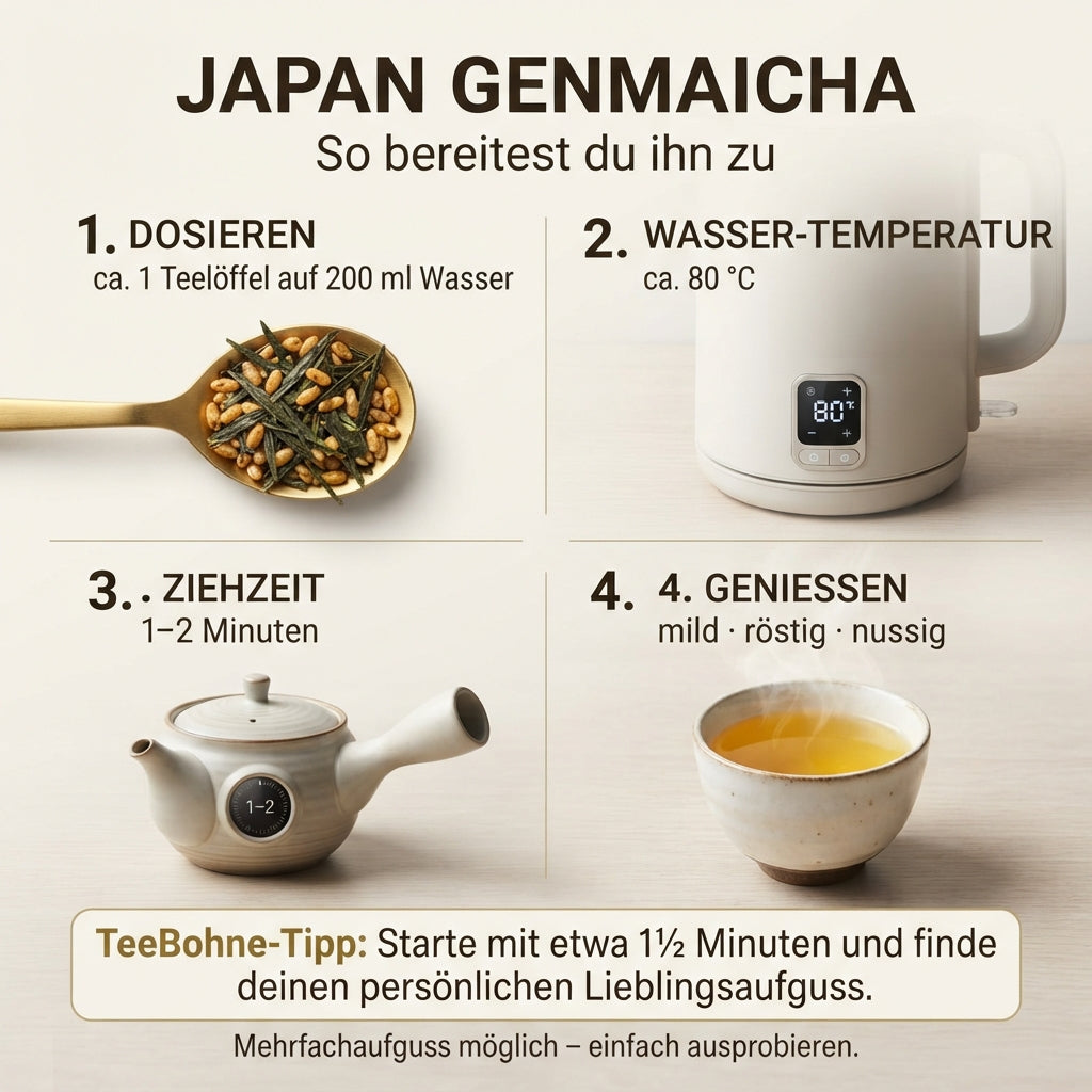 Vier-Schritte-Infografik von TeeBohne Einbeck zur Zubereitung von Japan Genmaicha: 1. Dosieren (Löffel mit Teemischung), 2. Wassertemperatur (Wasserkocher auf 80°C), 3. Ziehzeit (Kyusu-Teekanne), 4. Genießen (Schale mit goldgelbem Tee). Beinhaltet den TeeBohne-Tipp für den perfekten Aufguss
