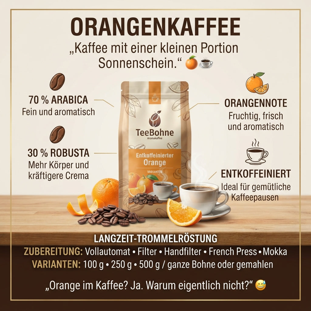 TeeBohne-Produktinfografik für den entkoffeinierten Aromakaffee Orange. Zeigt die Kaffeepackung mit Bohnen, frischen Orangenscheiben und einer Kaffeetasse auf Holz, ergänzt um Details zu Röstung, Sorte und Zubereitung