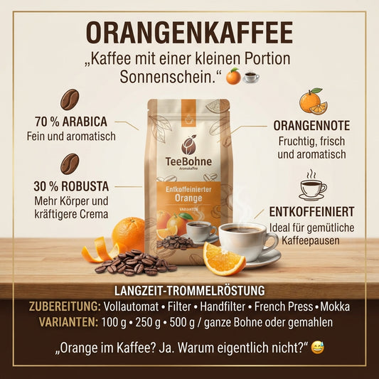 TeeBohne-Produktinfografik für den entkoffeinierten Aromakaffee Orange. Zeigt die Kaffeepackung mit Bohnen, frischen Orangenscheiben und einer Kaffeetasse auf Holz, ergänzt um Details zu Röstung, Sorte und Zubereitung