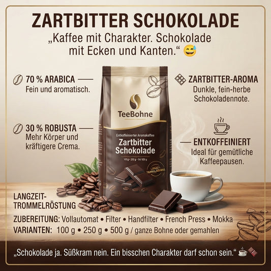 TeeBohne-Infografik für entkoffeinierten Aromakaffee Zartbitter Schokolade. Zeigt die Kaffeepackung mit Bohnen, Schokolade und Tasse auf Holz, ergänzt um Details zu Röstung, Sorte und Zubereitung