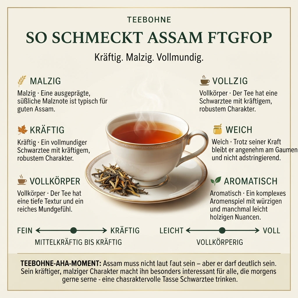 `Wissensinfografik von TeeBohne: "SO SCHMECKT ASSAM FTGFOP". Die Grafik präsentiert das Geschmacksprofil eines Assam FTGFOP mit einer zentralen Abbildung einer Tasse Tee und den dazu passenden Teeblättern. Fünf Geschmacksbereiche (malzig, kräftig, vollkörperig, weich, aromatisch) sowie zwei Geschmacksskalen ordnen den Tee als mittelkräftig bis kräftig und vollkörperig ein. Ein "TeeBohne-AHA-MOMENT" beschreibt den charaktervollen, malzigen Genuss am Morgen. Das edle Editorial-Design in Cremetönen mit Akzente