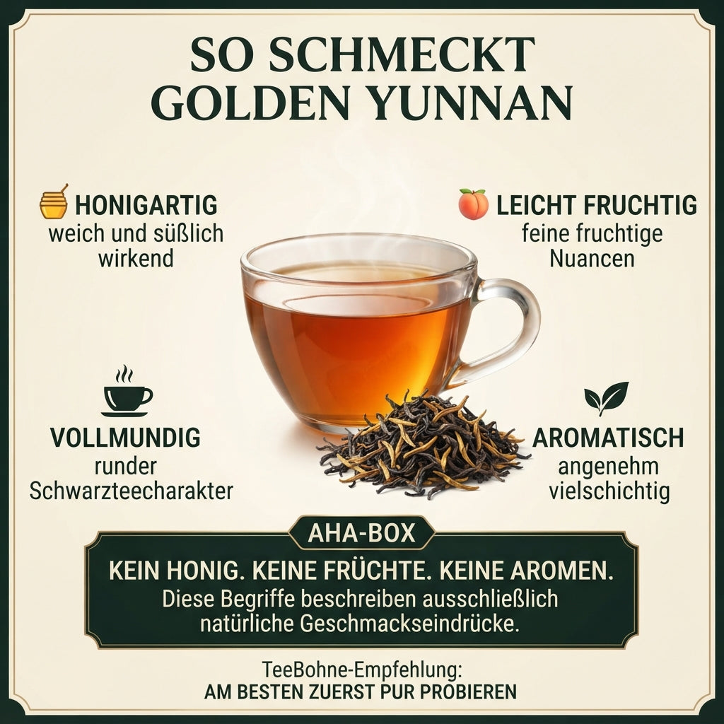 Geschmacksinfografik von TeeBohne für China Golden Yunnan Schwarztee. Zentral ist eine transparente Teetasse mit einem bernsteinfarbenen Aufguss neben losen Teeblättern abgebildet. Rund um die Tasse sind vier Geschmacksprofile (honigartig, leicht fruchtig, vollmundig, aromatisch) aufgeführt. Eine hervorgehobene Infobox stellt klar, dass es sich hierbei ausschließlich um natürliche Geschmackseindrücke handelt, nicht um künstliche Zusätze wie Honig, Früchte oder Aromen.