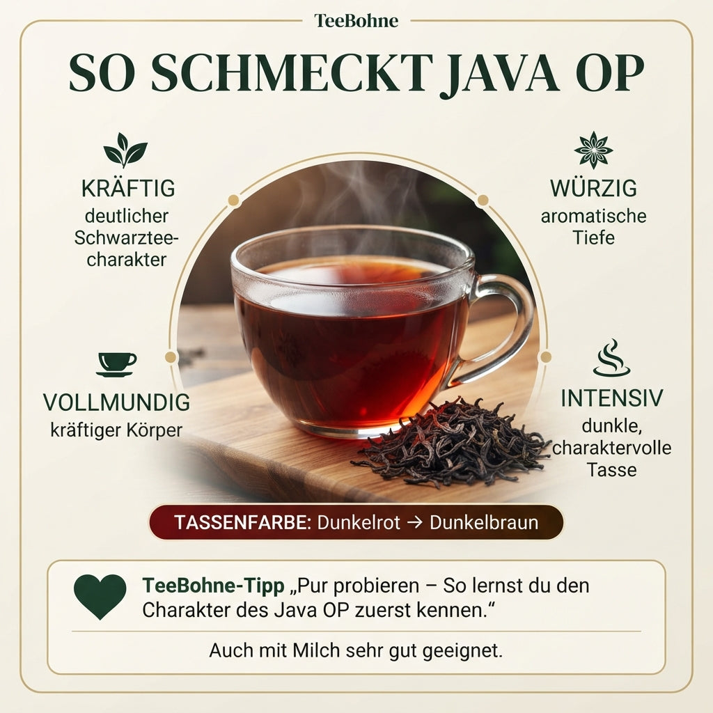 `Geschmacksinfografik von TeeBohne für Java OP Schwarztee. Das Bild zeigt zentral eine transparente Teetasse mit einem dunkelroten bis dunkelbraunen Aufguss, begleitet von losen Java OP Teeblättern. Um die Tasse herum sind vier Geschmacksprofile aufgeführt: "KRÄFTIG", "WÜRZIG", "VOLLMUNDIG" und "INTENSIV". Ein TeeBohne-Tipp empfiehlt den Tee pur zu probieren, weist jedoch auch auf die Eignung mit Milch hin. Die Gestaltung ist in eleganten Naturtönen gehalten.