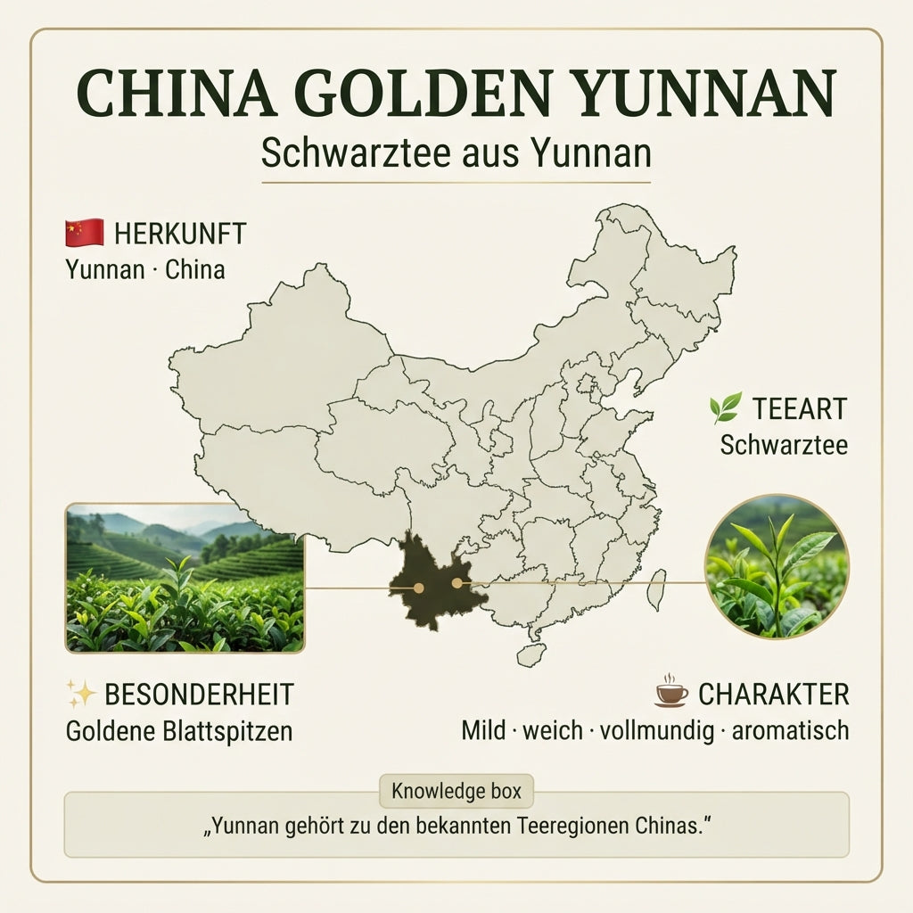 Herkunftsinfografik von TeeBohne für China Golden Yunnan Schwarztee. Die Grafik zeigt eine stilisierte Karte Chinas mit hervorgehobener Provinz Yunnan, ergänzt durch Szenen einer Teelandschaft und frischer Teepflanzen. Informationen zur Herkunft, Teeart, den charakteristischen goldenen Blattspitzen und dem milden Geschmacksprofil sind übersichtlich dargestellt, abgerundet durch einen Hinweis auf die Bedeutung der Region Yunnan.