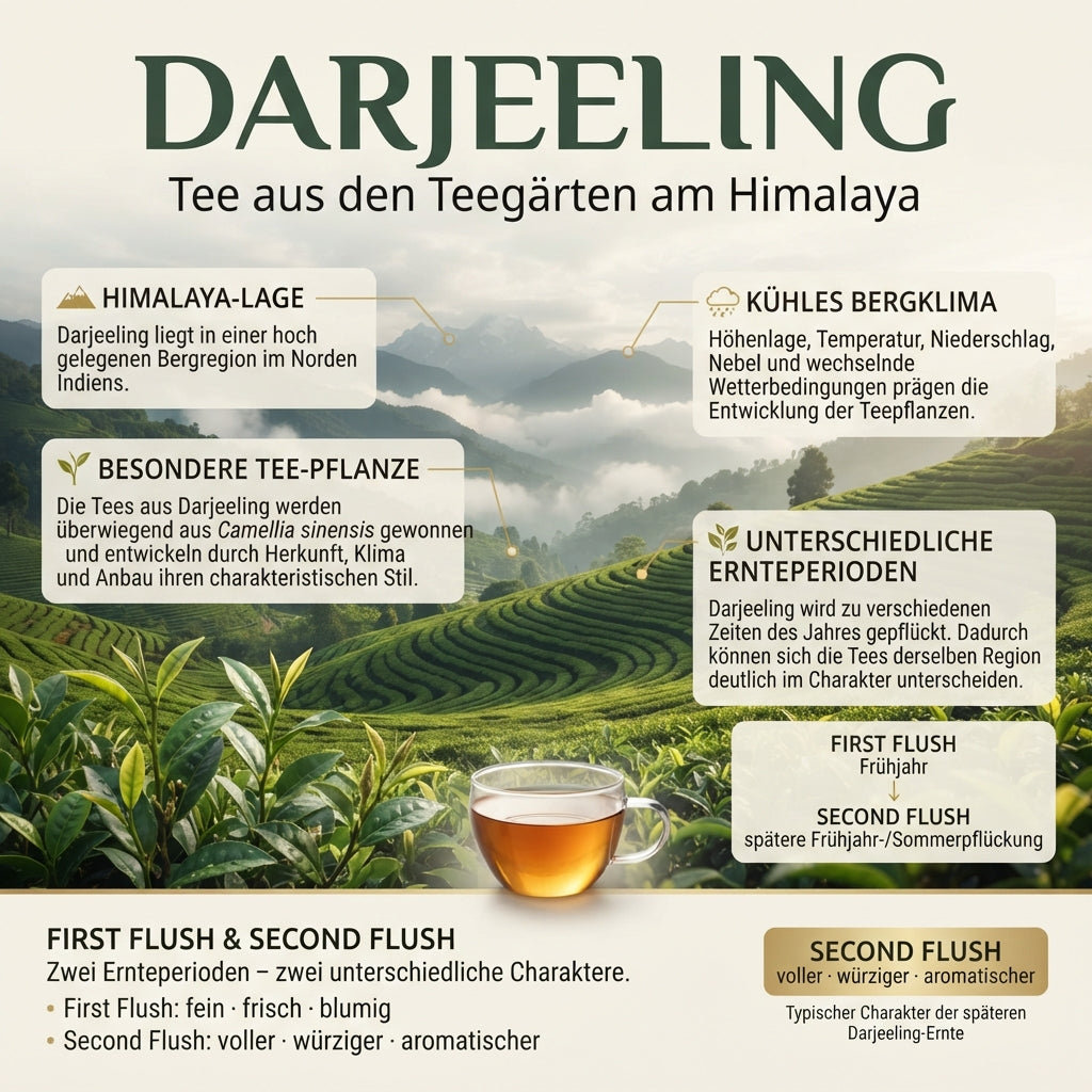 Wissensinfografik von TeeBohne: "DARJEELING – Tee aus den Teegärten am Himalaya". Die Grafik präsentiert eine hochwertige, atmosphärische Fotografie von Teeplantagen in den Himalaya-Bergen. Sie bietet fundierte Informationen zur einzigartigen Himalaya-Lage, der speziellen Teepflanze (Camellia sinensis), dem kühlen Bergklima und den verschiedenen Ernteperioden. Ein unterer Infobereich differenziert verständlich zwischen First Flush und Second Flush. Das elegante, redaktionelle Design in Cremetönen, Naturgrün