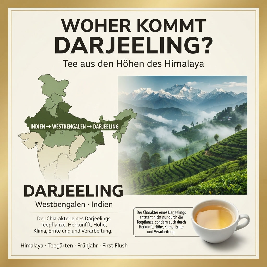 Herkunftsinfografik von TeeBohne: "WOHER KOMMT DARJEELING? – Tee aus den Höhen des Himalaya". Die Grafik zeigt eine stilisierte Karte Indiens mit der hervorgehobenen Region Darjeeling in Westbengalen sowie eine atmosphärische Landschaftsaufnahme mit nebligen Teehängen vor der Kulisse des Himalayas. Eine Infobox erläutert, dass der Charakter eines Darjeeling durch das Zusammenspiel von Herkunft, Höhe, Klima und Verarbeitung entsteht. Das Design ist in edlen Creme-, Naturgrün-, Gold- und Blautönen gehalten.