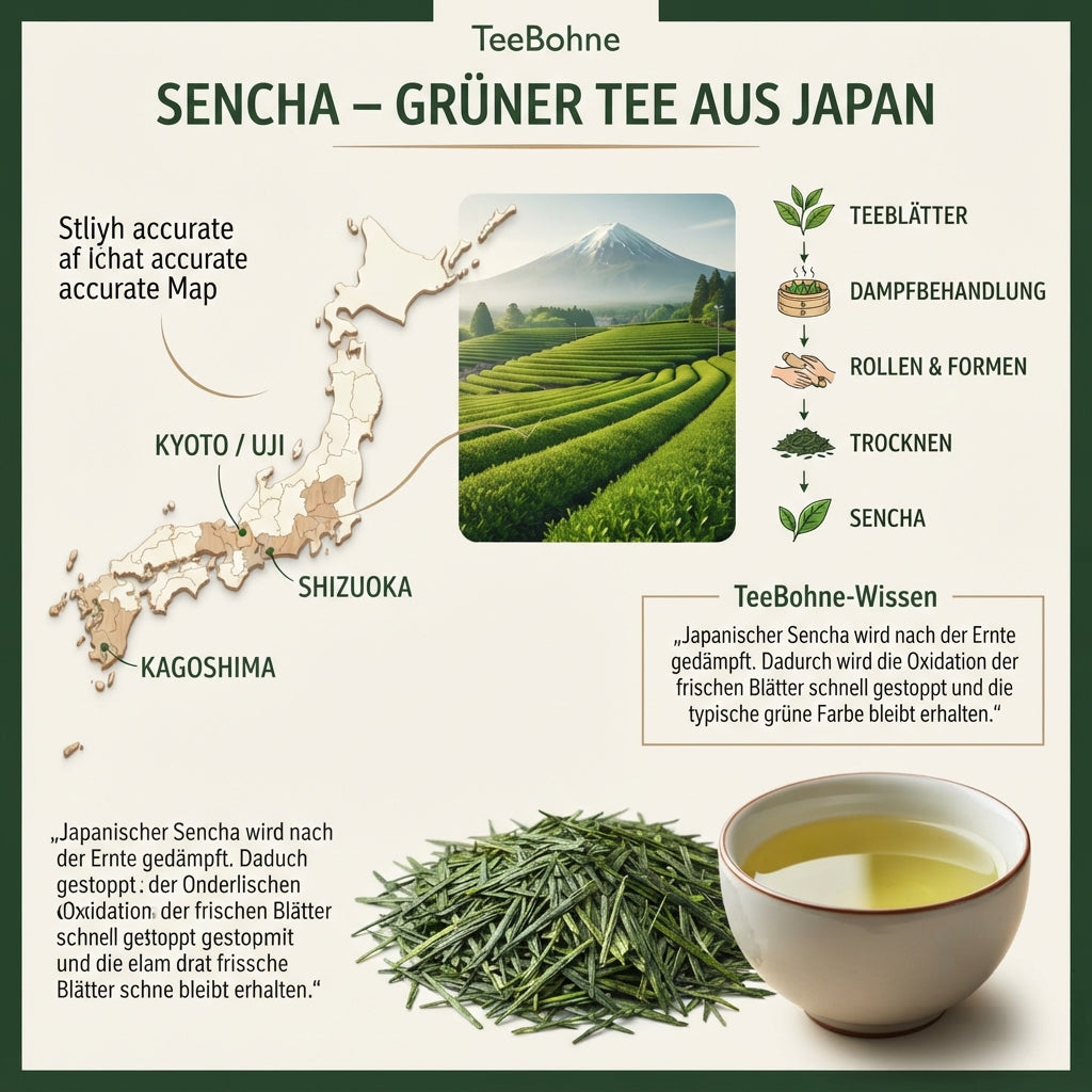 `Herkunfts-Infografik von TeeBohne zu Japan Sencha: Die Grafik zeigt eine Karte Japans mit den Teeregionen Shizuoka, Kagoshima und Kyoto/Uji sowie eine Sencha-Teeplantage. Ein Ablaufdiagramm verdeutlicht die traditionelle Verarbeitung (Dämpfen, Rollen, Trocknen). Eine Wissensbox erklärt die Bedeutung des Dämpfens für den Erhalt der grünen Farbe und des frischen Geschmacks, abgerundet durch die Darstellung von trockenen Sencha-Blättern und einer Tasse Tee.