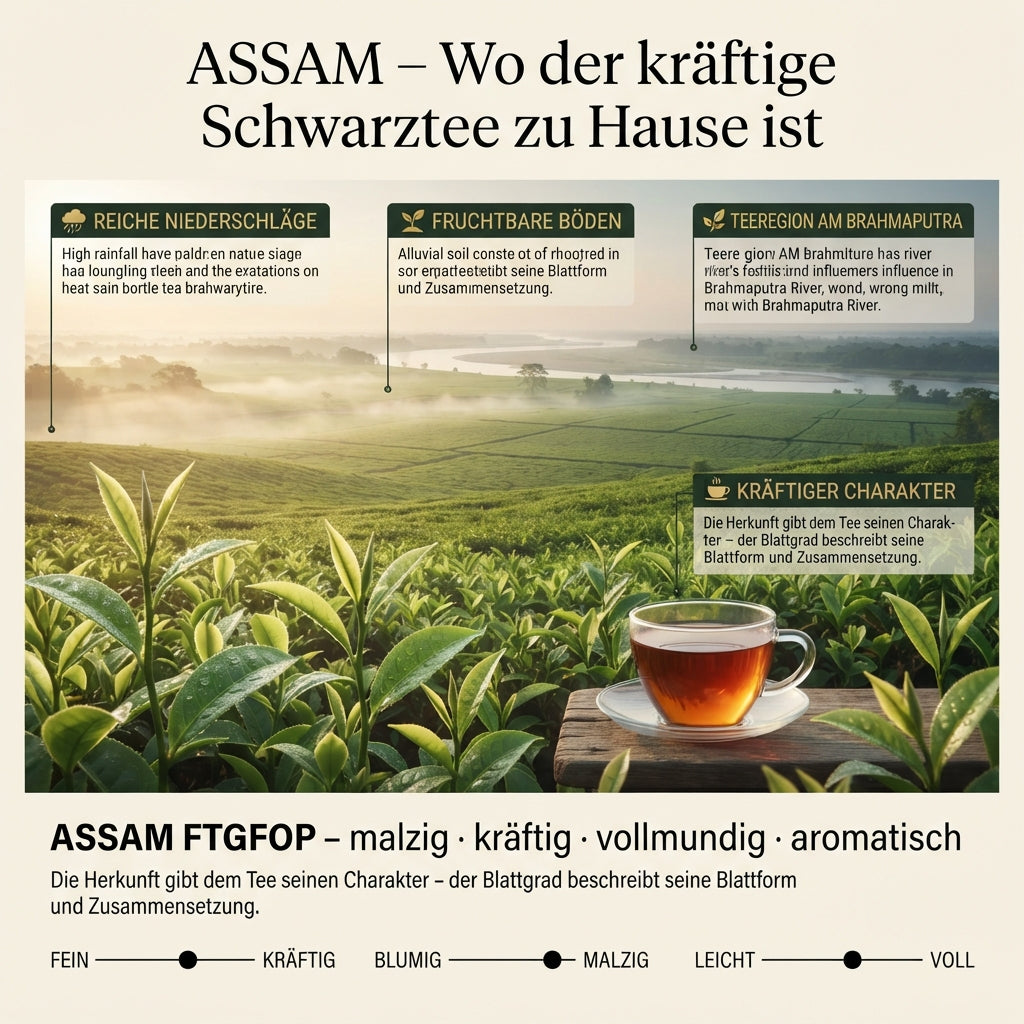 `Wissensinfografik von TeeBohne: "ASSAM – Wo der kräftige Schwarztee zu Hause ist". Die Grafik zeigt eine hochwertige, photorealistische Landschaft der weitläufigen Teeplantagen im indischen Assam mit Morgennebel und warmem Licht. Um die zentrale Szenerie gruppieren sich vier Infopunkte zu den ökologischen Bedingungen der Region (Niederschläge, Boden, Brahmaputra-Lage, Charakter des Tees). Im unteren Bereich wird der Assam FTGFOP mit Geschmacksmerkmalen und drei Vergleichsskalen (Fein/Kräftig, Blumig/Malzig