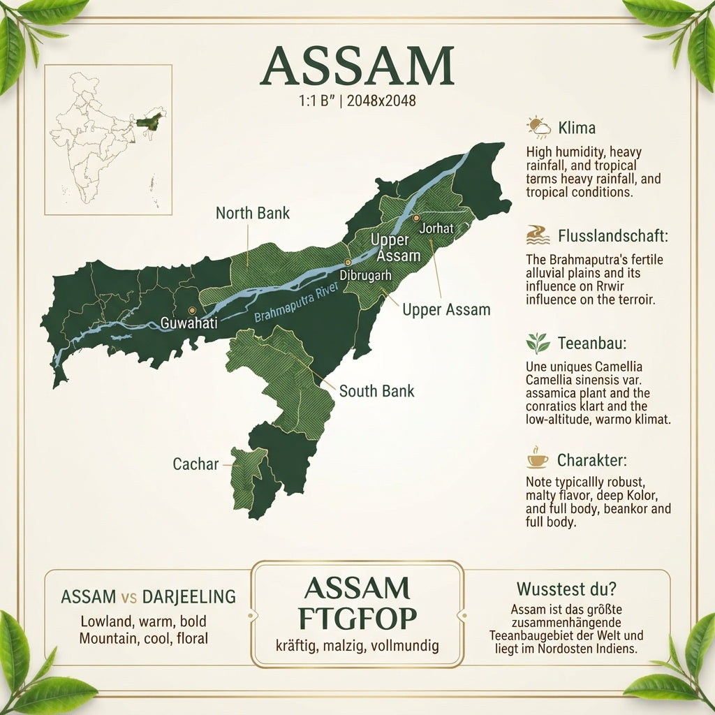 `Wissensinfografik von TeeBohne: "ASSAM – Wo der kräftige Schwarztee zu Hause ist". Die Grafik enthält eine präzise stilisierte Landkarte der Region Assam im Nordosten Indiens, die den Verlauf des Brahmaputra-Flusses sowie die wichtigsten Teeanbaugebiete hervorhebt. Ergänzt wird die Karte durch eine Inset-Karte zur geografischen Einordnung in Indien, Informationsspalten zu Klima und Anbau, eine kleine Gegenüberstellung zu Darjeeling sowie eine Produktbox für Assam FTGFOP. 