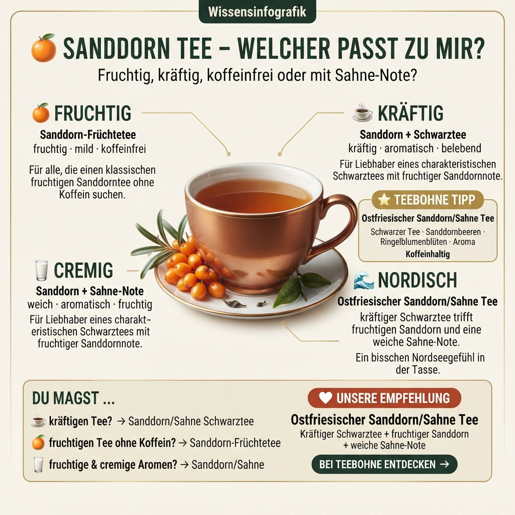 TeeBohne-Wissensinfografik: "Sanddorn Tee – Welcher passt zu mir?". Die Übersicht zeigt im edlen Editorial-Design eine zentrale Tasse Ostfriesischer Sanddorn/Sahne Tee mit Sanddornbeeren, umgeben von vier Geschmacksrichtungen als Entscheidungshilfe (fruchtig, kräftig, cremig, nordisch). Eine Kaufberatungs-Box und die Empfehlung für den Ostfriesischen Sanddorn/Sahne Tee runden die Infografik ab.