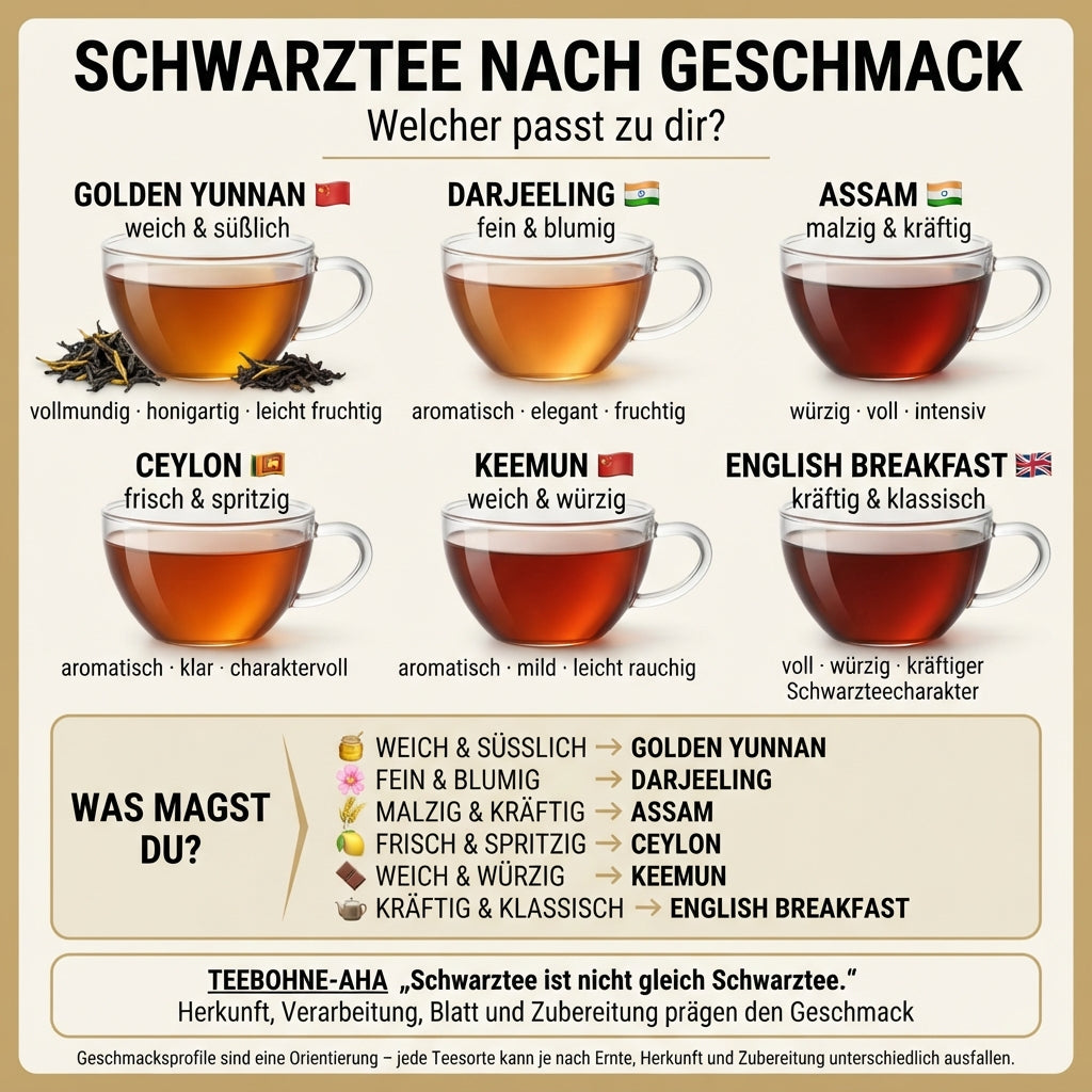 Infografik von TeeBohne: "SCHWARZTEE NACH GESCHMACK – Welcher passt zu dir?". Die Grafik zeigt sechs transparente Teetassen mit unterschiedlichen Schwarztee-Aufgüssen (Golden Yunnan, Darjeeling, Assam, Ceylon, Keemun, English Breakfast), jeweils mit kurzem Geschmacksprofil. Eine übersichtliche "WAS MAGST DU?"-Box bietet eine Entscheidungshilfe basierend auf bevorzugten Geschmacksnoten. Das Design ist in hochwertigen Creme- und Goldtönen gehalten und dient als Orientierungshilfe für die Vielfalt von Schwarzt