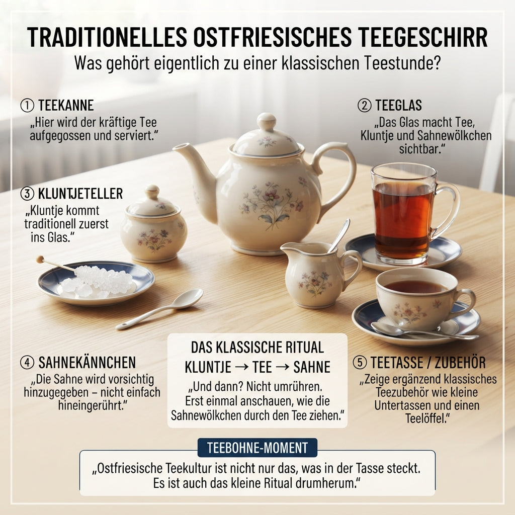 Wissensinfografik von TeeBohne zum ostfriesischen Teegeschirr: Die Grafik zeigt ein hochwertig arrangiertes Teeservice mit Teekanne, Teeglas, Kluntjeteller, Sahnekännchen und Zubehör. Nummerierte Beschriftungen erklären die Funktion der einzelnen Bestandteile einer klassischen Teestunde. In der Mitte wird das Tee-Ritual (Kluntje, Tee, Sahne) erläutert, begleitet von einem Hinweistext zur Bedeutung des ostfriesischen Teerituals als kulturellem Moment.